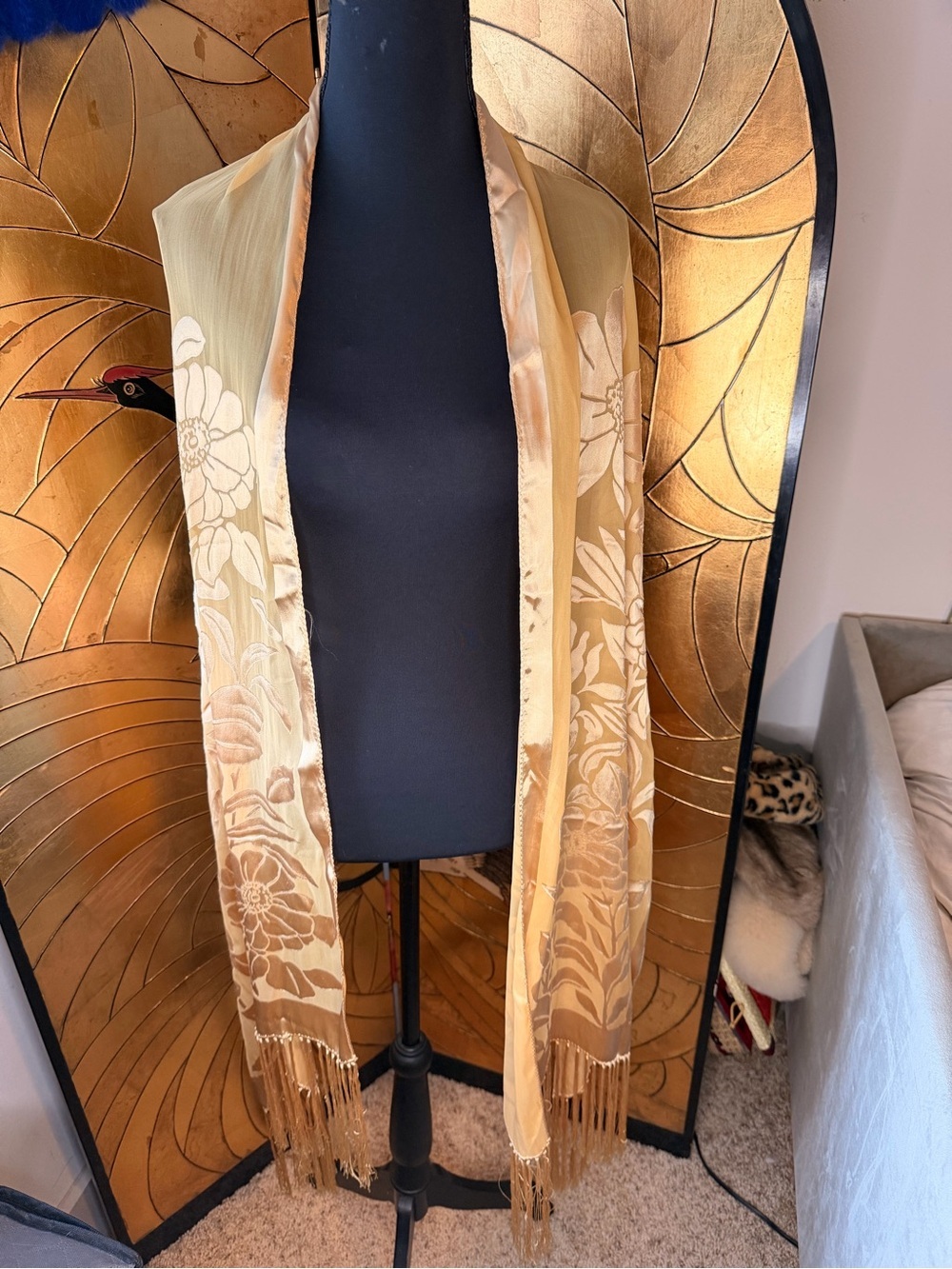 Vintage Silk Floral Fringe Scarf in Champagne Gold